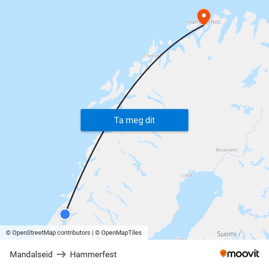 Mandalseid to Hammerfest map