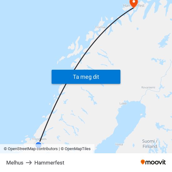 Melhus to Hammerfest map