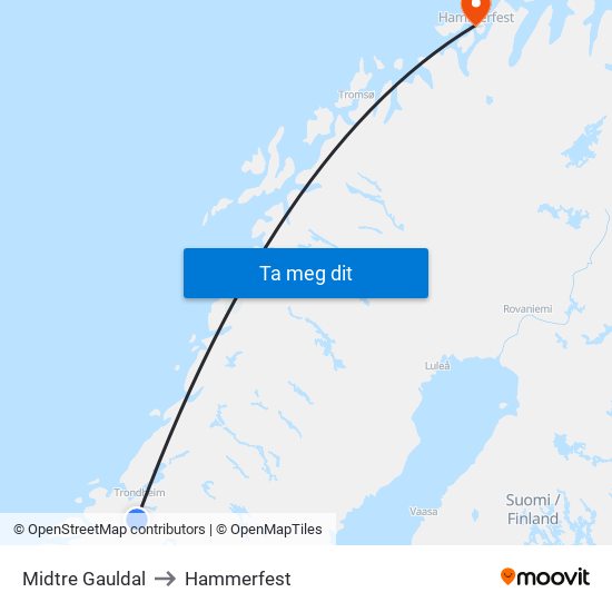 Midtre Gauldal to Hammerfest map