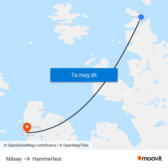 Måsøy to Hammerfest map