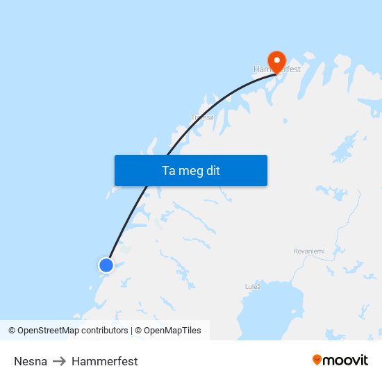 Nesna to Hammerfest map