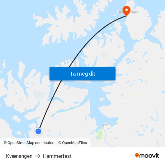 Kvænangen to Hammerfest map