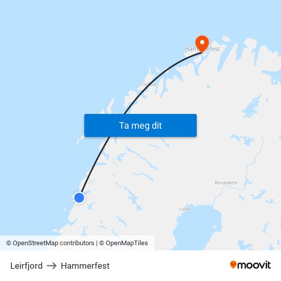 Leirfjord to Hammerfest map