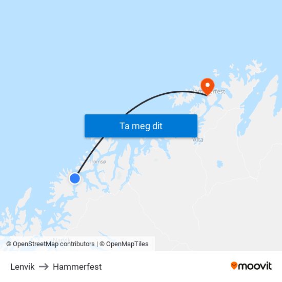 Lenvik to Hammerfest map