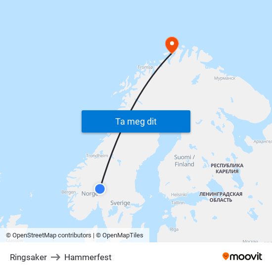 Ringsaker to Hammerfest map