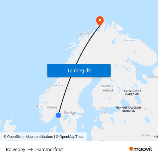 Rolvsoey to Hammerfest map