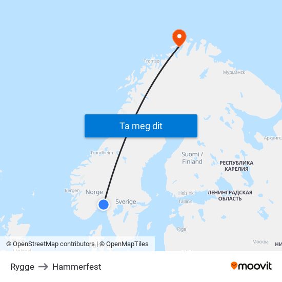 Rygge to Hammerfest map