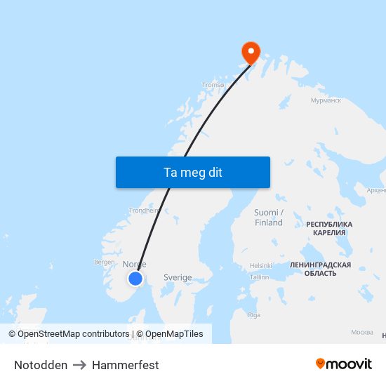 Notodden to Hammerfest map