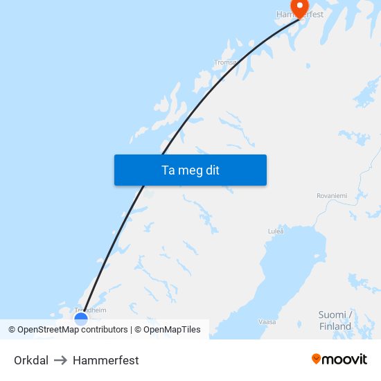 Orkdal to Hammerfest map