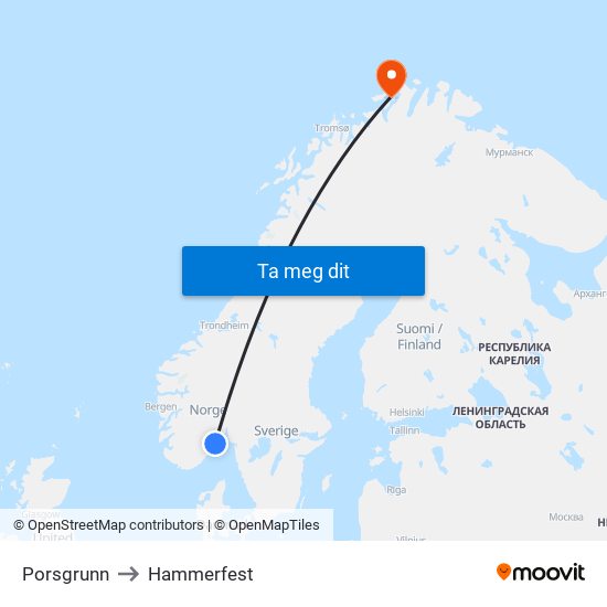 Porsgrunn to Hammerfest map