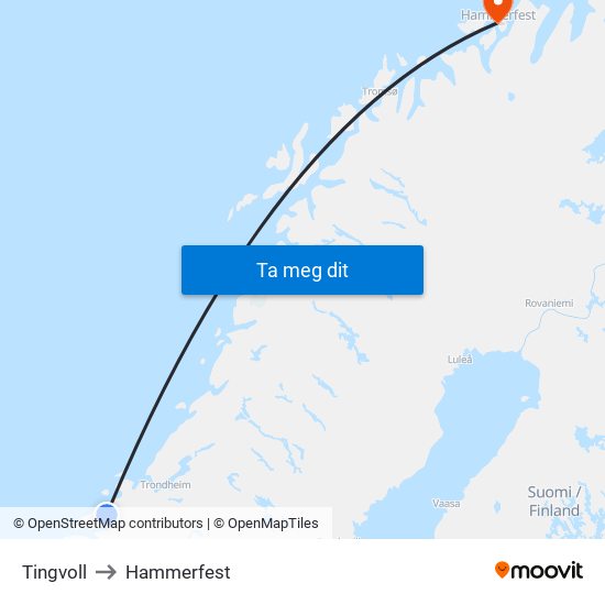 Tingvoll to Hammerfest map