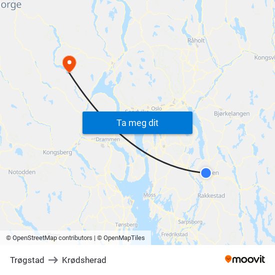 Trøgstad to Krødsherad map