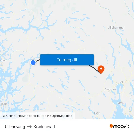 Ullensvang to Krødsherad map