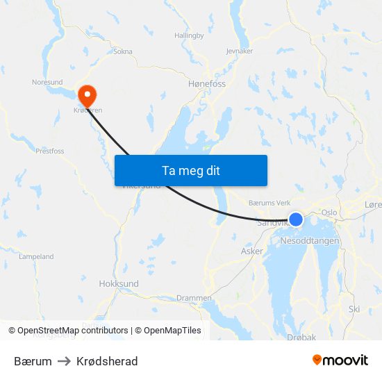 Bærum to Krødsherad map