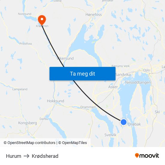 Hurum to Krødsherad map