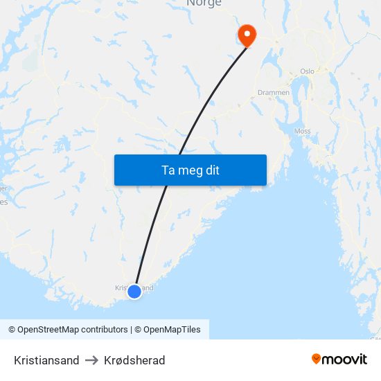 Kristiansand to Krødsherad map