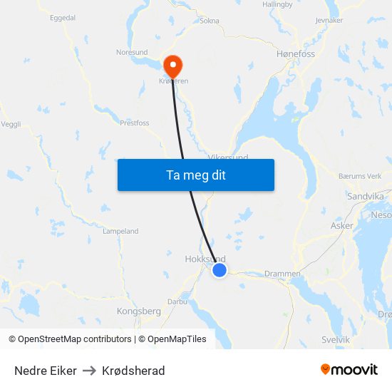 Nedre Eiker to Krødsherad map