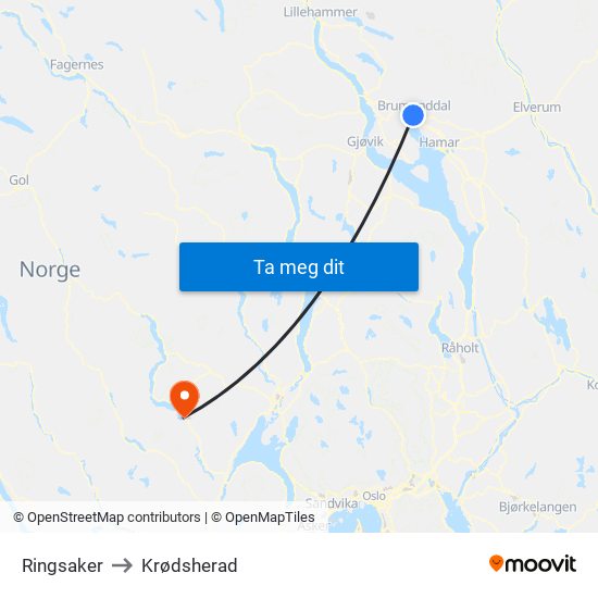 Ringsaker to Krødsherad map