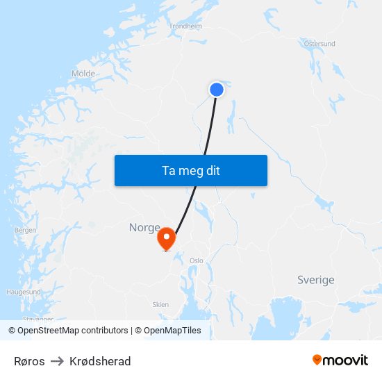 Røros to Krødsherad map