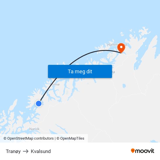 Tranøy to Kvalsund map