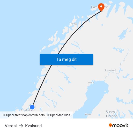 Verdal to Kvalsund map