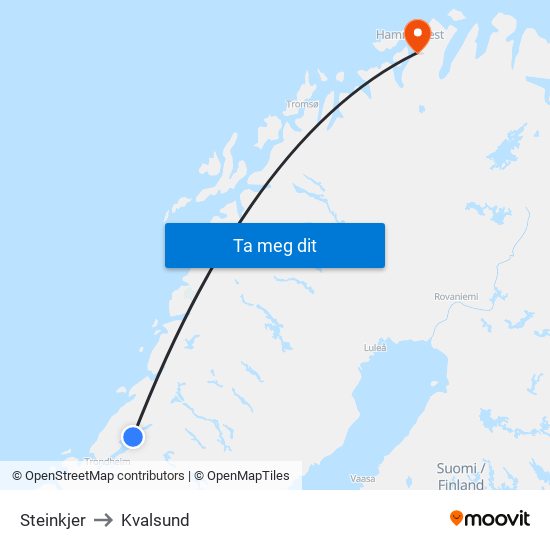 Steinkjer to Kvalsund map