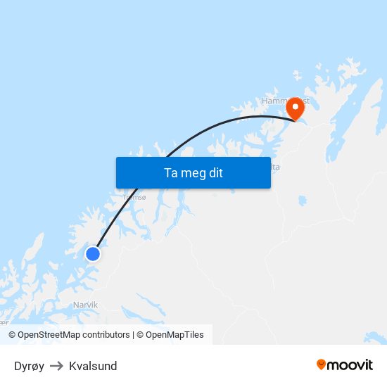 Dyrøy to Kvalsund map
