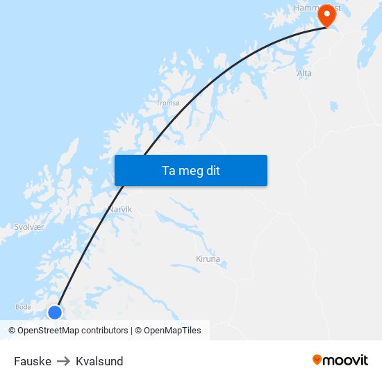 Fauske to Kvalsund map