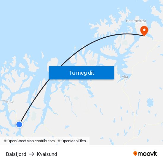 Balsfjord to Kvalsund map