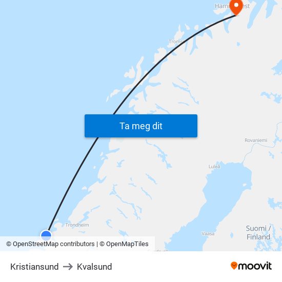 Kristiansund to Kvalsund map