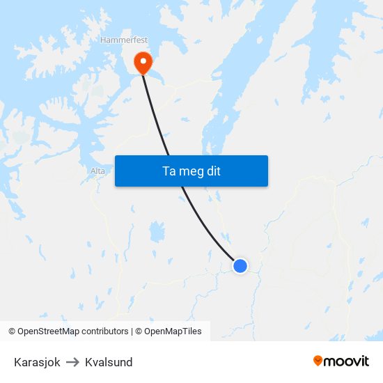 Karasjok to Kvalsund map