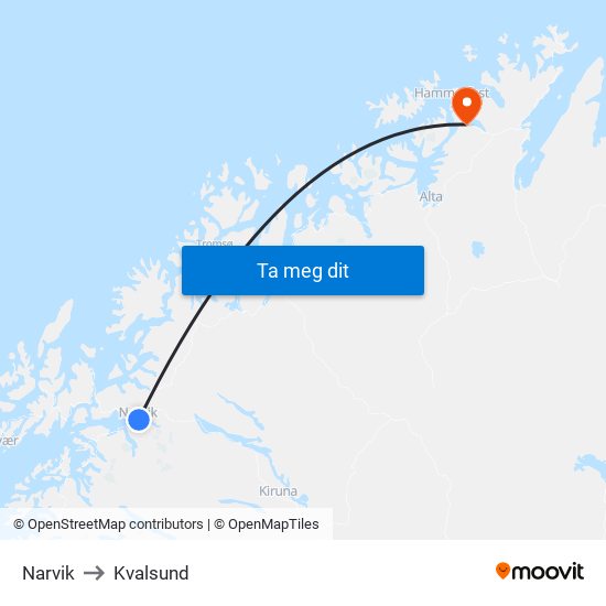 Narvik to Kvalsund map