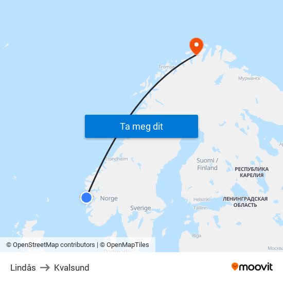 Lindås to Kvalsund map