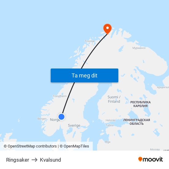 Ringsaker to Kvalsund map