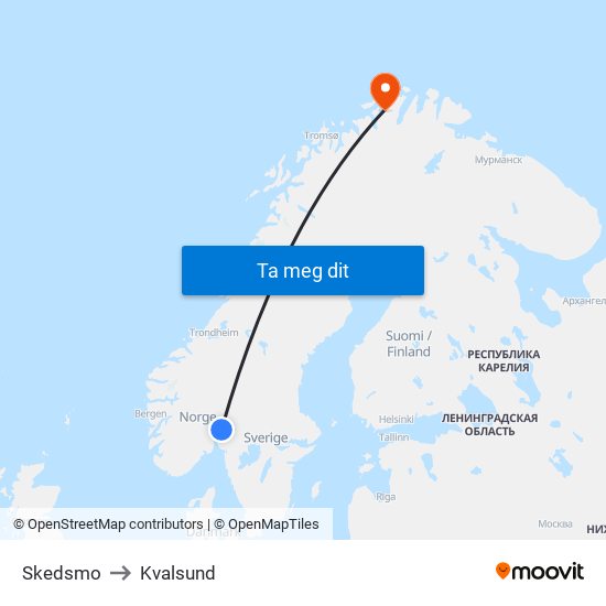 Skedsmo to Kvalsund map