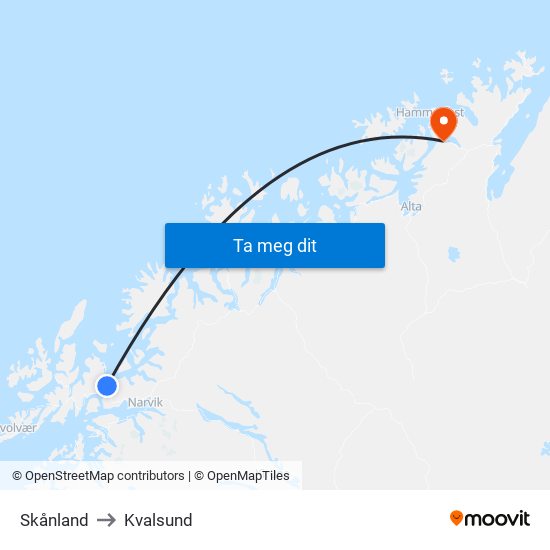 Skånland to Kvalsund map