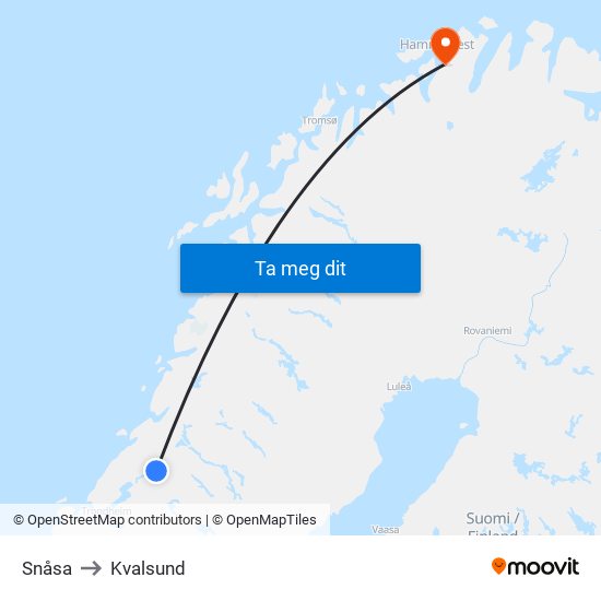 Snåsa to Kvalsund map