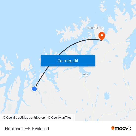 Nordreisa to Kvalsund map