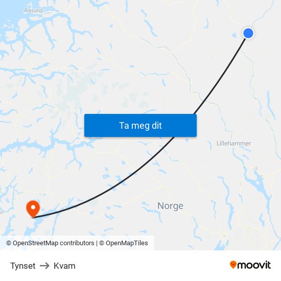 Tynset to Kvam map