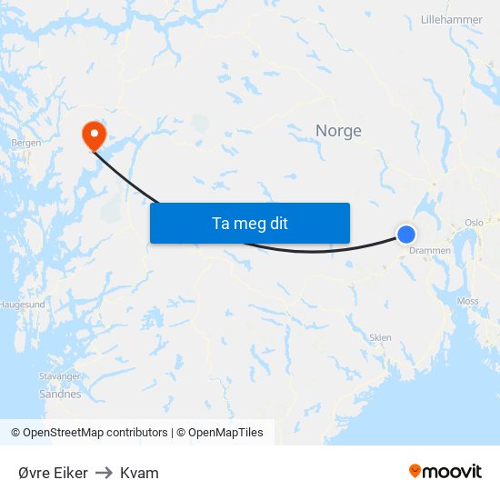 Øvre Eiker to Kvam map