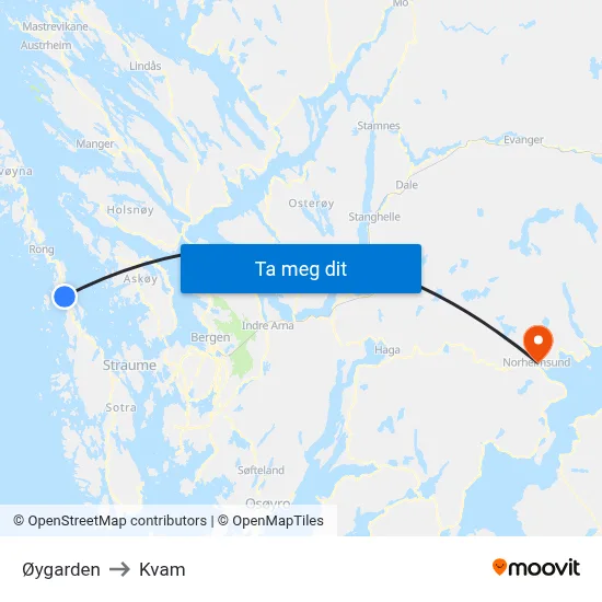 Øygarden to Kvam map