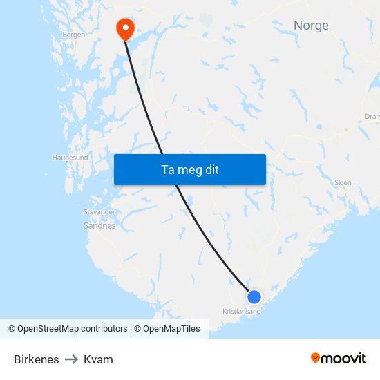 Birkenes to Kvam map