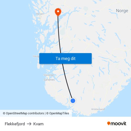 Flekkefjord to Kvam map