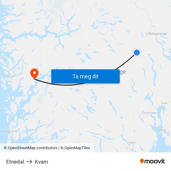 Etnedal to Kvam map