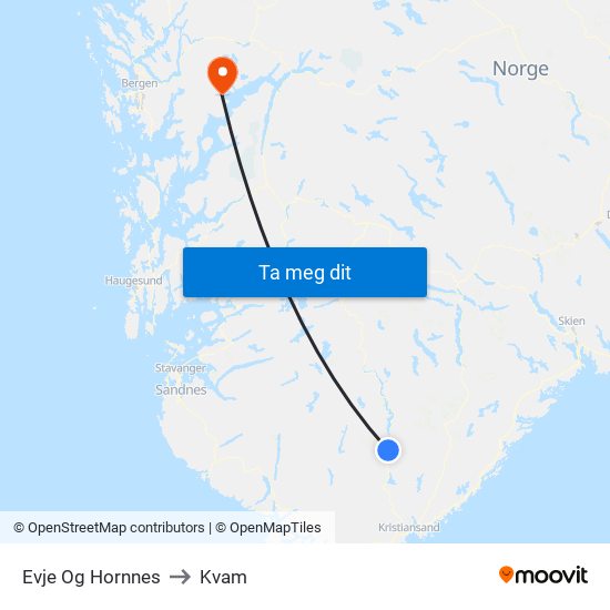 Evje Og Hornnes to Kvam map