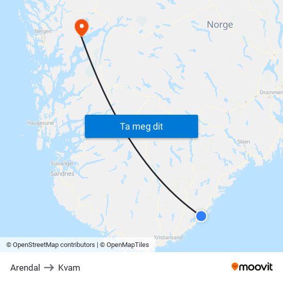 Arendal to Kvam map