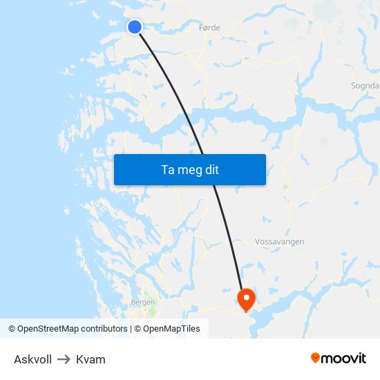 Askvoll to Kvam map