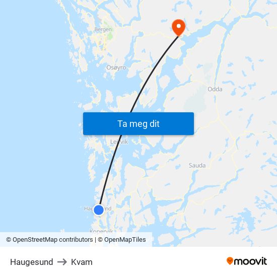 Haugesund to Kvam map