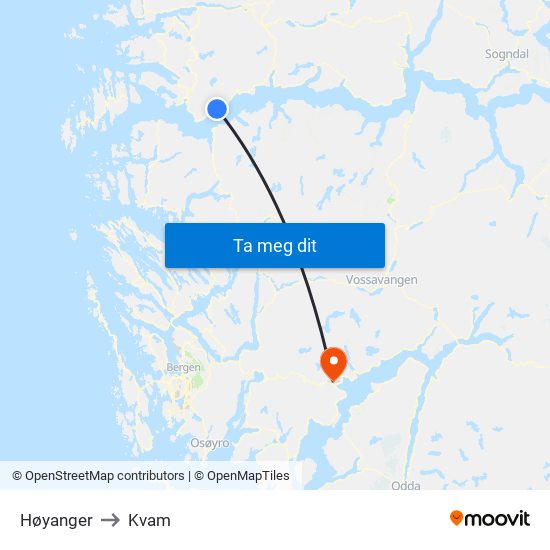 Høyanger to Kvam map