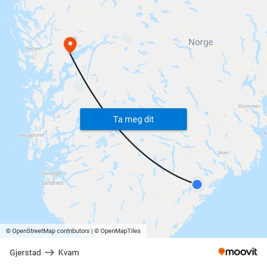 Gjerstad to Kvam map